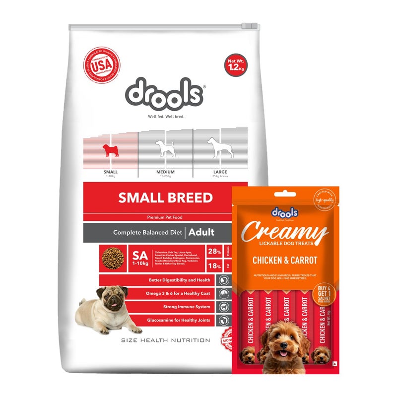 Drools Small Breed Adult Dog Food, 1.2kg + Free Creamy Dog Treat (75g) - Image 1