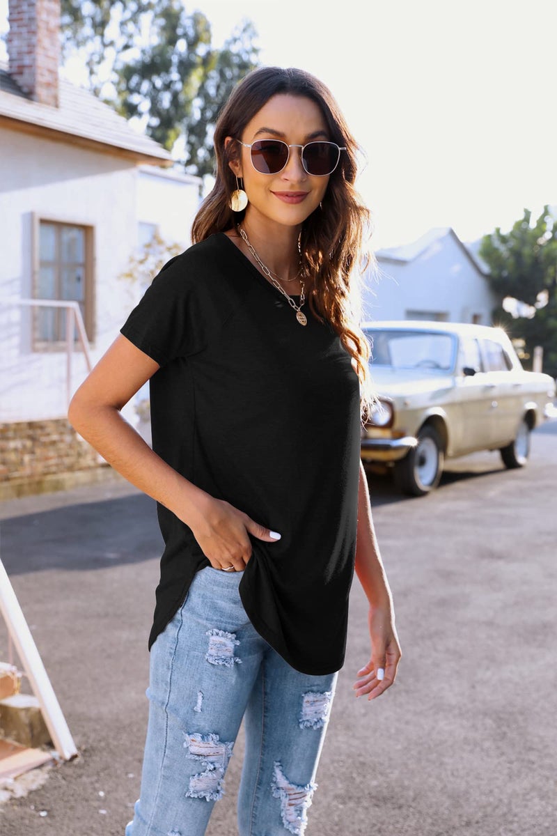 Newchoice Tunic Tops for Leggings for Women Short Sleeve Curve Hem Long Shirts (M,Black) - Image 4