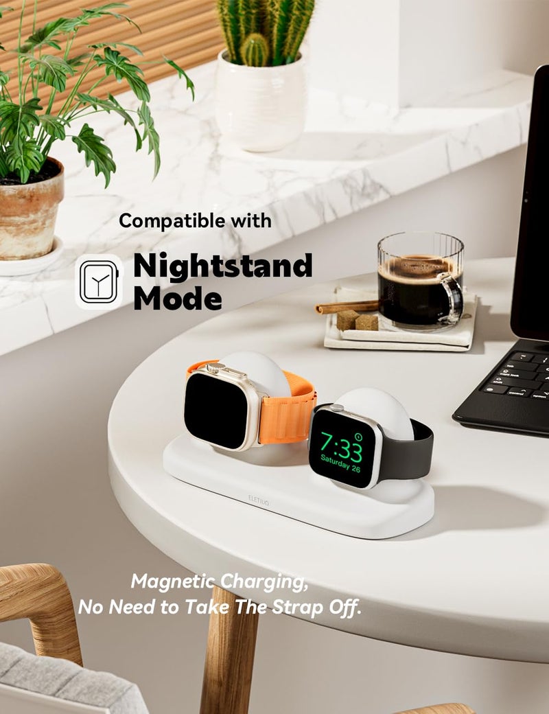ELETIUO Dual Charger Stand Compatible with Apple Watch Series 49/46/45/44/42/41/40/38mm iWatch Ultra2/Ultra/10/9/8/SE2/7/6/SE/5/4/3/2/1,Silicone Charging Dock Organizer Supports Night Stand Mode,White - Image 2