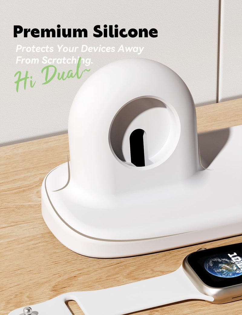 ELETIUO Dual Charger Stand Compatible with Apple Watch Series 49/46/45/44/42/41/40/38mm iWatch Ultra2/Ultra/10/9/8/SE2/7/6/SE/5/4/3/2/1,Silicone Charging Dock Organizer Supports Night Stand Mode,White - Image 5