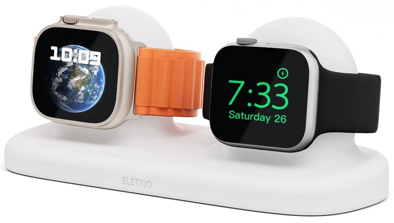 ELETIUO Dual Charger Stand Compatible with Apple Watch Series 49/46/45/44/42/41/40/38mm iWatch Ultra2/Ultra/10/9/8/SE2/7/6/SE/5/4/3/2/1,Silicone Charging Dock Organizer Supports Night Stand Mode,White - Image 1
