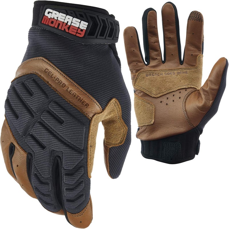 Grease Monkey Gel-PRO Leather Hybrid Mechanic Gloves with Gel Impact Protection & Touchscreen Capability, Large Brown - Image 1