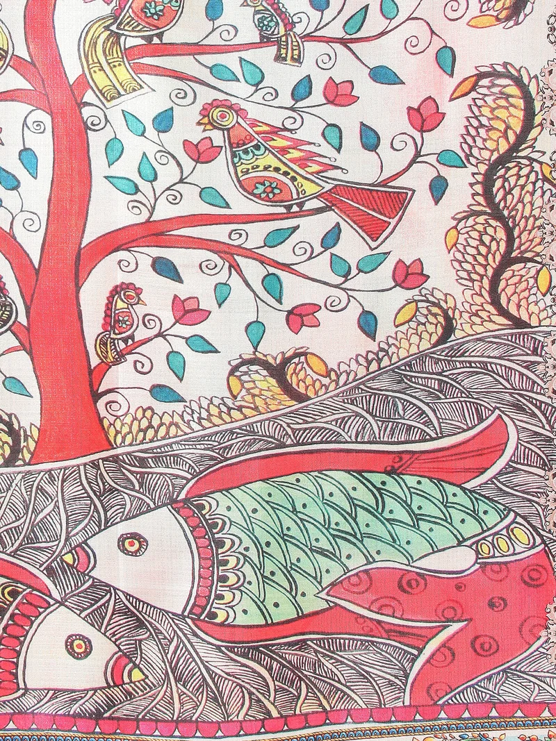 جلو باص شال نسائي وردي مطبوع بكالامكاري بحواف شراشيب من الحرير