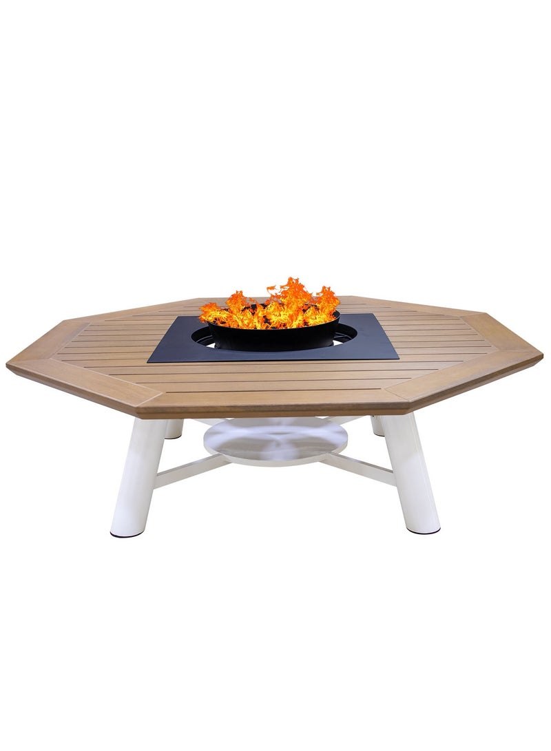 NABCO NABCO Octagon Wood-Burning Fire Pit Table for Patio – 160x160x52 cm, Multi-Functional Outdoor Dining Table with Fire Pit, Sturdy for Backyard, Deck, or Garden, Natural Teak/Off White  - Image 1