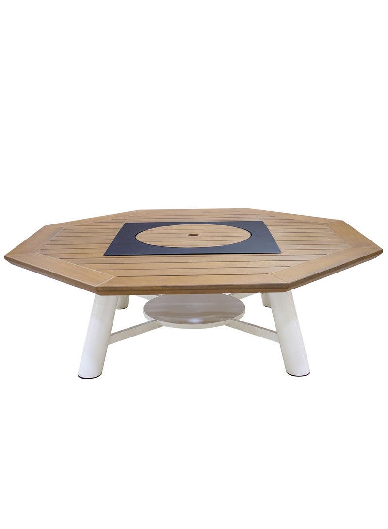 NABCO NABCO Octagon Wood-Burning Fire Pit Table for Patio – 160x160x52 cm, Multi-Functional Outdoor Dining Table with Fire Pit, Sturdy for Backyard, Deck, or Garden, Natural Teak/Off White  - Image 2