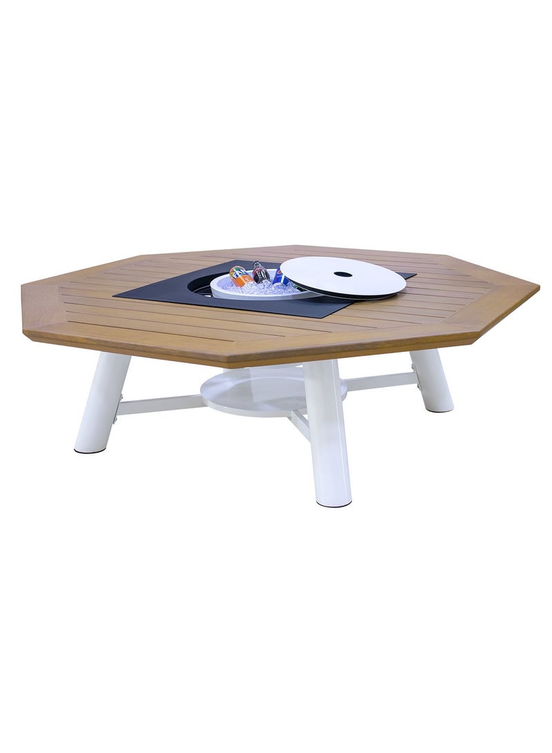 NABCO NABCO Octagon Wood-Burning Fire Pit Table for Patio – 160x160x52 cm, Multi-Functional Outdoor Dining Table with Fire Pit, Sturdy for Backyard, Deck, or Garden, Natural Teak/Off White  - Image 3