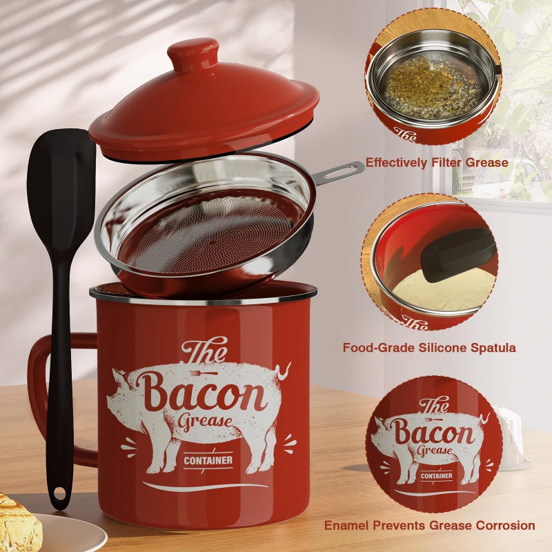 PGYARD Bacon Grease Container With Strainer, 46OZ Large Enamel Grease Container, With Silicone Spatula, Farmhouse Bacon Grease Keeper, Cooking Oil Container For Kitchen Fat Storage, Dishwasher Safe-Red - Image 5