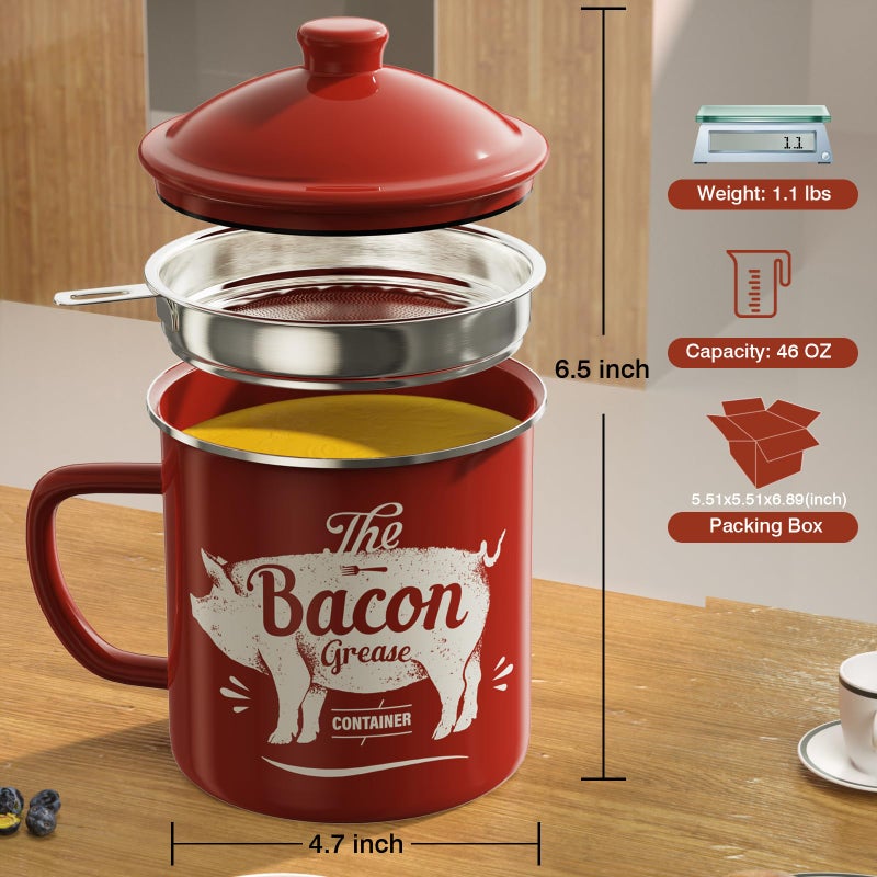 PGYARD Bacon Grease Container With Strainer, 46OZ Large Enamel Grease Container, With Silicone Spatula, Farmhouse Bacon Grease Keeper, Cooking Oil Container For Kitchen Fat Storage, Dishwasher Safe-Red - Image 2