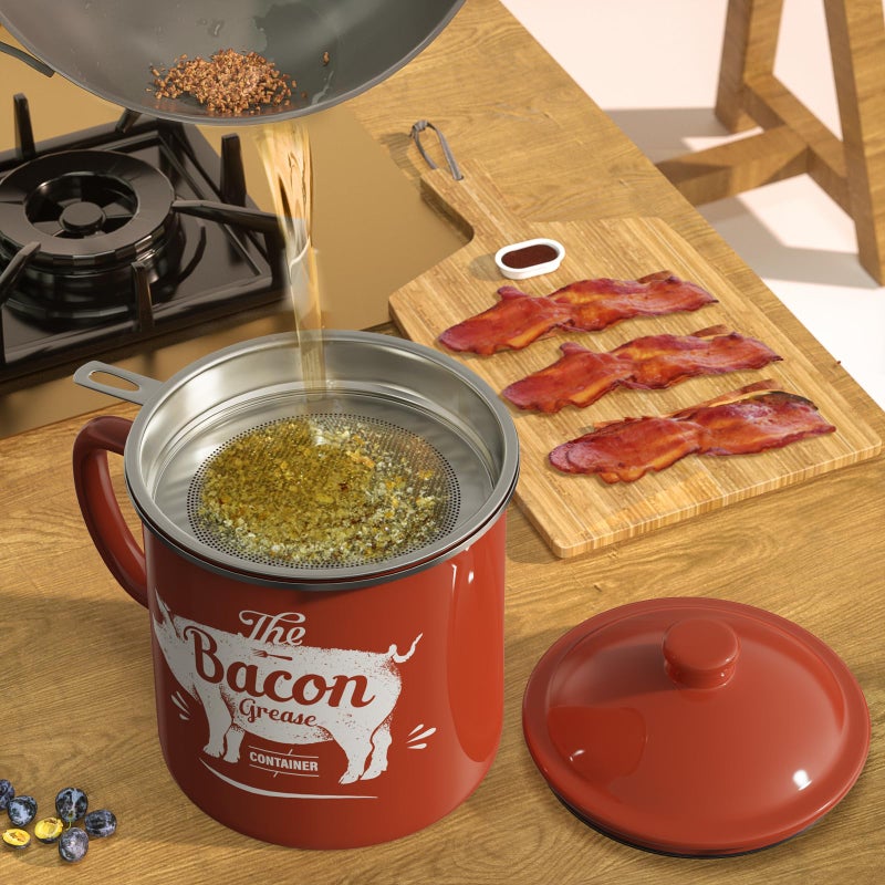 PGYARD Bacon Grease Container With Strainer, 46OZ Large Enamel Grease Container, With Silicone Spatula, Farmhouse Bacon Grease Keeper, Cooking Oil Container For Kitchen Fat Storage, Dishwasher Safe-Red - Image 4