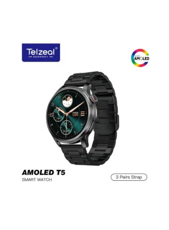 Telzeal AMOLED T5 Waterproof Smart Watch for Men – Large AMOLED Display, Fitness & Health Tracking, Multi-Sport Modes, Heart Rate & Sleep Monitor, 3 Interchangeable Straps & Charging Cable – Black - Image 1