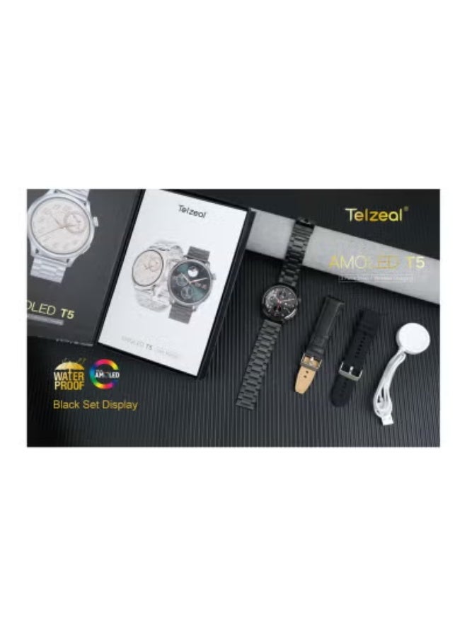 Telzeal AMOLED T5 Waterproof Smart Watch for Men – Large AMOLED Display, Fitness & Health Tracking, Multi-Sport Modes, Heart Rate & Sleep Monitor, 3 Interchangeable Straps & Charging Cable – Black - Image 3