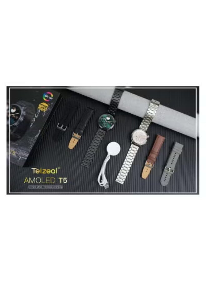 Telzeal AMOLED T5 Waterproof Smart Watch for Men – Large AMOLED Display, Fitness & Health Tracking, Multi-Sport Modes, Heart Rate & Sleep Monitor, 3 Interchangeable Straps & Charging Cable – Black - Image 4