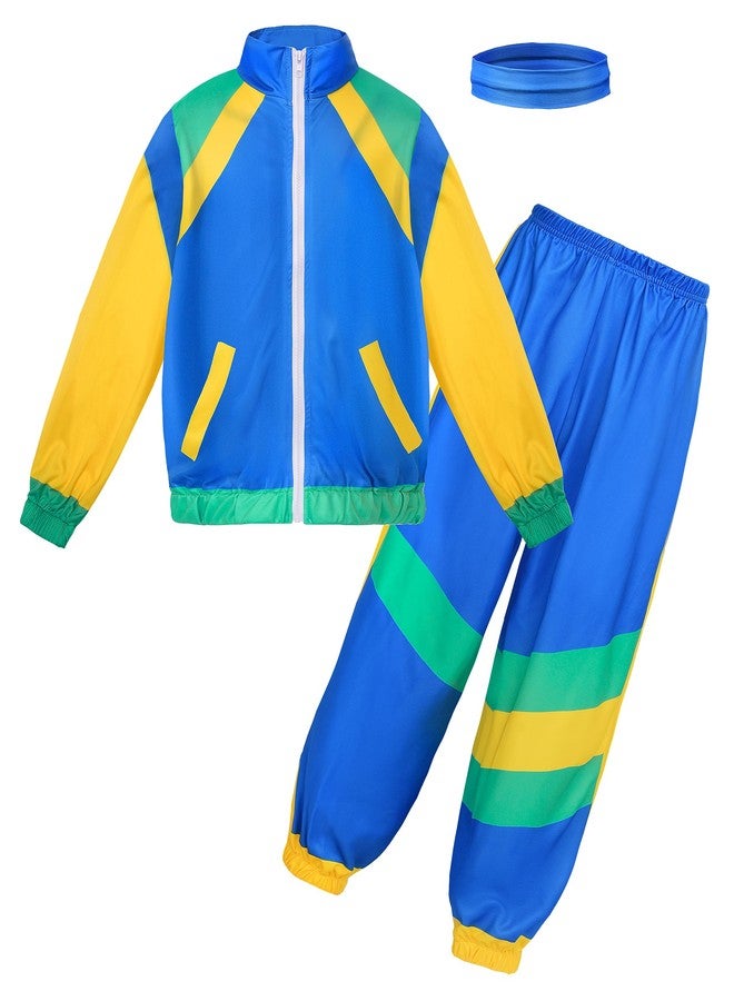 JerrisApparel Boys Girls 80s 90s Neon Tracksuit Kids Hip Hop Costume Retro Dance Sportswear Top Pants Sets Outfit (Blue, Large/10-12 Years) - Image 1