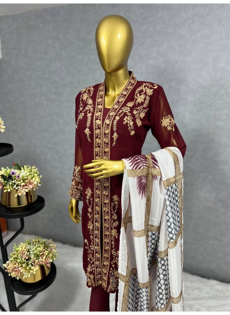 Super Asian Elegant Heavy Fox Georgette Embroidered Suit Set for Women with Butter Silk Pants & Digital Print Dupatta – Fully Stitched - Image 4
