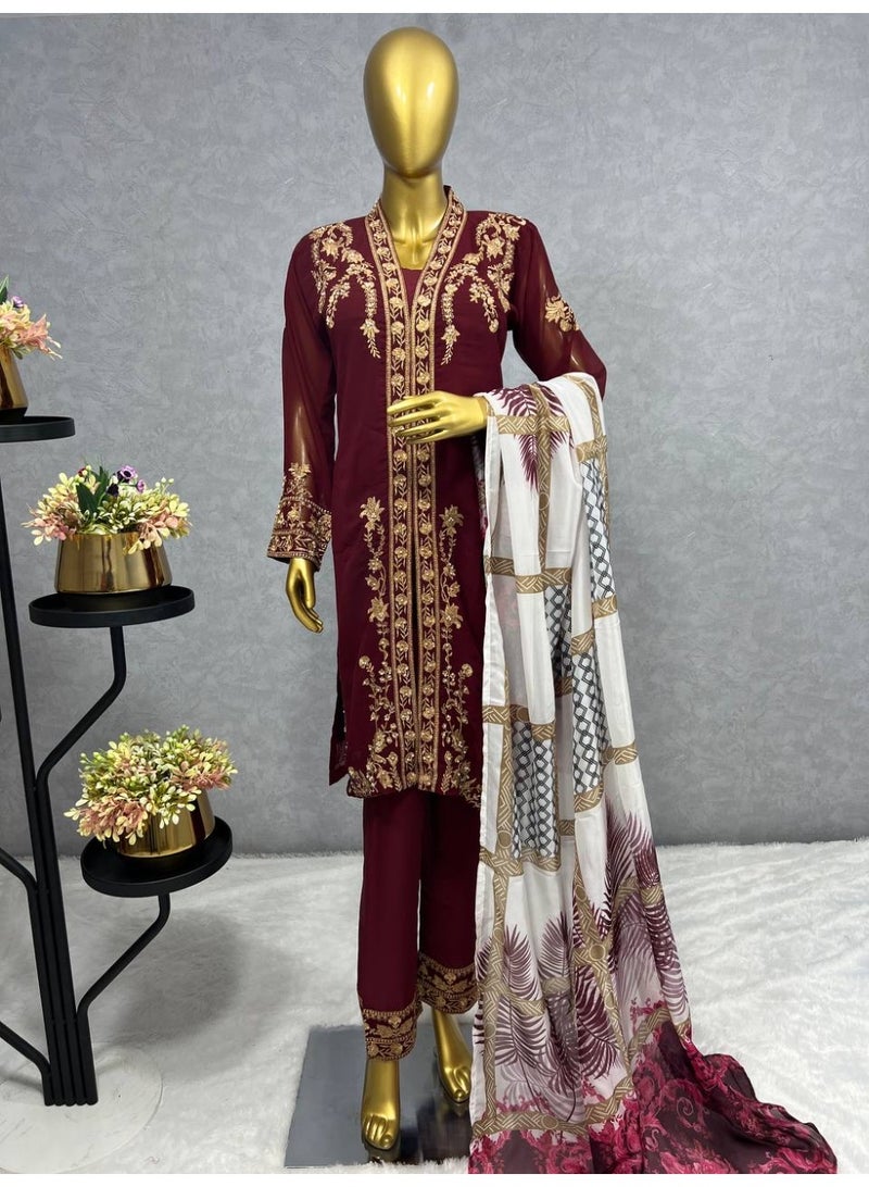Super Asian Elegant Heavy Fox Georgette Embroidered Suit Set for Women with Butter Silk Pants & Digital Print Dupatta – Fully Stitched - Image 2