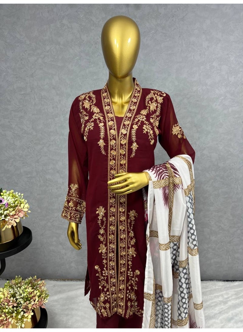 Super Asian Elegant Heavy Fox Georgette Embroidered Suit Set for Women with Butter Silk Pants & Digital Print Dupatta – Fully Stitched - Image 3
