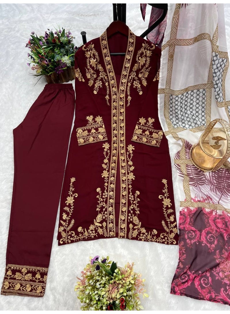 Super Asian Elegant Heavy Fox Georgette Embroidered Suit Set for Women with Butter Silk Pants & Digital Print Dupatta – Fully Stitched - Image 5