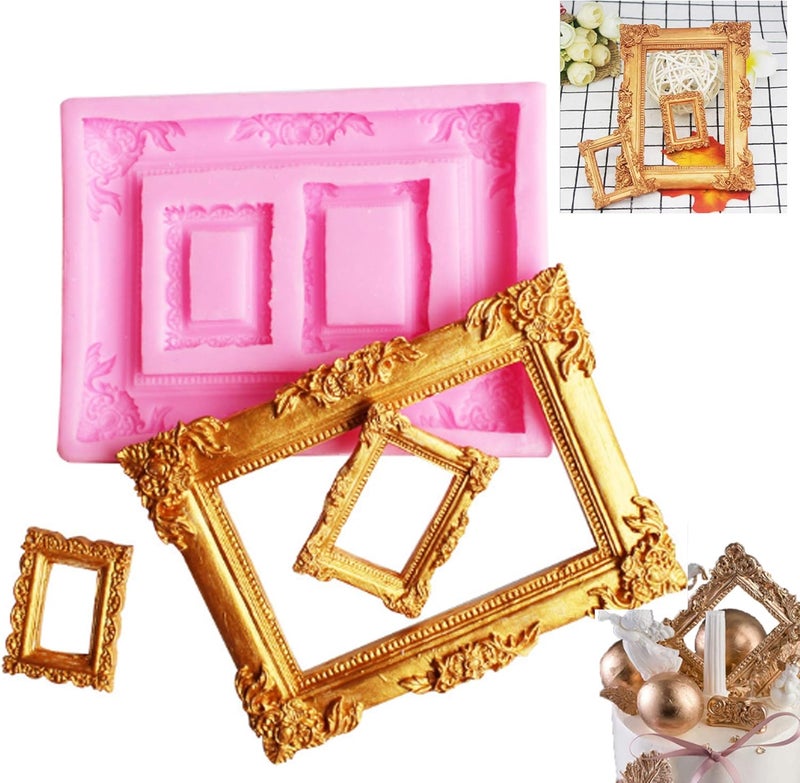 TOSPARTY 3 Pieces Pink Picture Frames Silicone Mold for Cake Decorating Sugar Gum Paste Chocolate Cookies Resin Polymer Clay - Image 2
