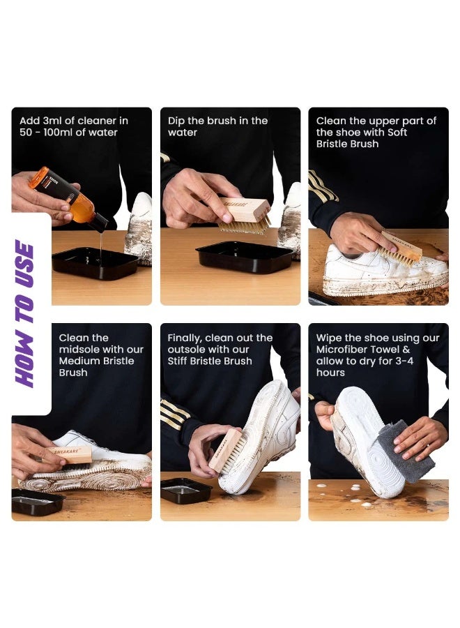 SNEAKARE Shoe Cleaning Kit 100ML | Sneaker Cleaner Kit with 100ML Shoe Cleaning Solution, 3 Bristle Cleaning Brushes & Microfiber Cleaning Cloth | Shoe Care Kit for Sneakers, Canvas, Leather & Sports Shoes - Image 5