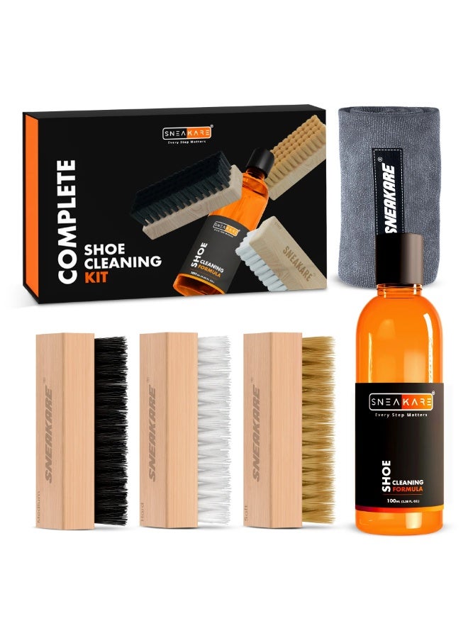 SNEAKARE Shoe Cleaning Kit 100ML | Sneaker Cleaner Kit with 100ML Shoe Cleaning Solution, 3 Bristle Cleaning Brushes & Microfiber Cleaning Cloth | Shoe Care Kit for Sneakers, Canvas, Leather & Sports Shoes - Image 1