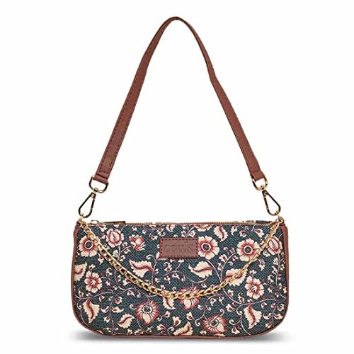 ZOUK Baguette Bag | Crossbody Bags for Women | Women's Handbags | Stylish Sling Bag for Woman | Vegan Leather Evening Bag | Travel & Office Use | Purse and Wallet | Chittoor Blue Kalamkari Print - Image 1