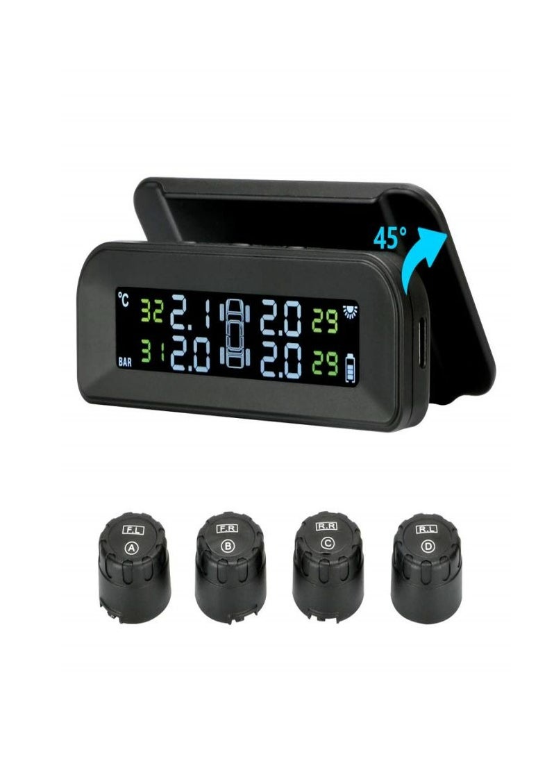 Tire Pressure Monitoring System Wireless Solar, Tire Pressure Monitor Installed on Windowshield with 4 External Sensors Real-time Display Temperature Pressure