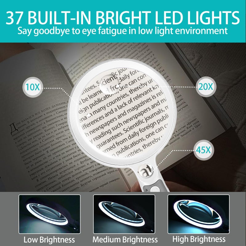 GABORISH Large Magnifying Glass With 37 Led Light  10X 20X 45X Handheld Illuminated Lighted Magnifier With 3 Light Modes Rechargeable Magnifying Glass For Seniors Reading  Inspection (White & Grey) - Image 3