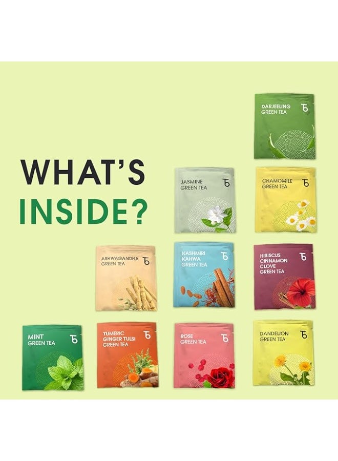 Teabox حزمة عينات الشاي الأخضر من Teabox Wellness - 20 كيس شاي متنوع، 10 نكهات × 2 كيس من كل نكهة | أوراق كاملة، 0% مرارة | حزمة متنوعة من الشاي الأخضر تناسب كل حالة مزاجية - Image 2