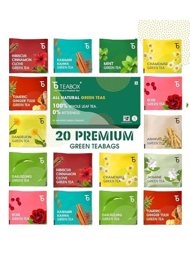 Teabox حزمة عينات الشاي الأخضر من Teabox Wellness - 20 كيس شاي متنوع، 10 نكهات × 2 كيس من كل نكهة | أوراق كاملة، 0% مرارة | حزمة متنوعة من الشاي الأخضر تناسب كل حالة مزاجية - Image 1