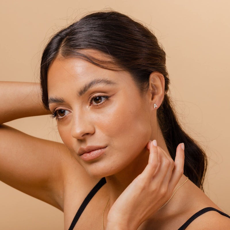 PAVOI 925 Sterling Silver CZ Simulated Diamond Stud Earrings Fashion Alphabet Letter Initial Earrings - C - Image 4