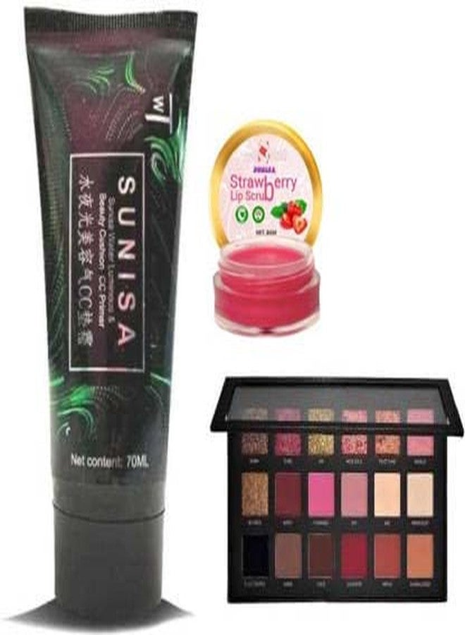 SUNISA WaterProof Primer for Face and 1 Rosegold Eyeshadow Palatte with 1 Strawberry Lip Scrub - (Pack of 3) - Image 1