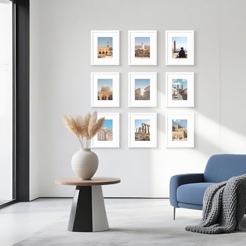 Wiscet 8x10 Picture Frame Set of 9, Display Pictures 5x7 with Mat or 8 x 10 Without Mat, Photo Frame for Wall Mounting or Tabletop Display, White. - Image 2