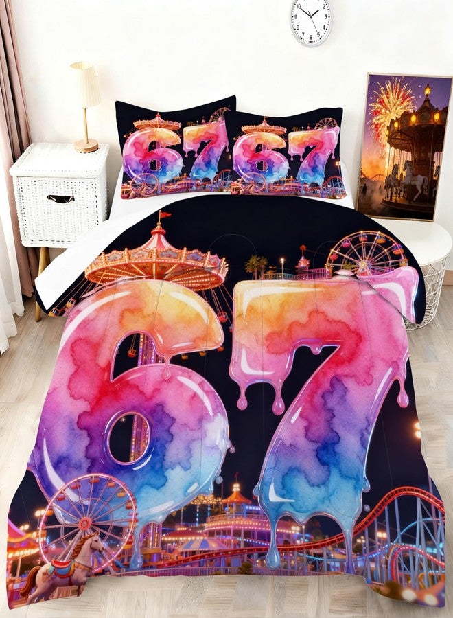 VTKON 67 Number Print Comforter Set Twin Size for Kids Funny Trendy Print Theme Bedding Set Watercolor Six Seven Bed Set Soft Amusement Park Black Quilt Set with 1 Comforter + 1 Pillow Case - Image 1