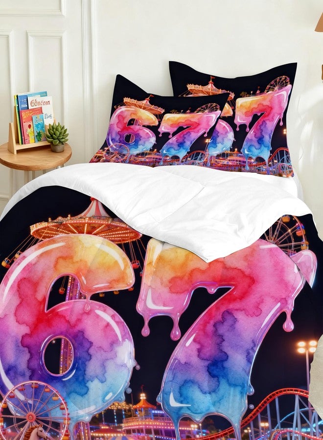 VTKON 67 Number Print Comforter Set Twin Size for Kids Funny Trendy Print Theme Bedding Set Watercolor Six Seven Bed Set Soft Amusement Park Black Quilt Set with 1 Comforter + 1 Pillow Case - Image 4