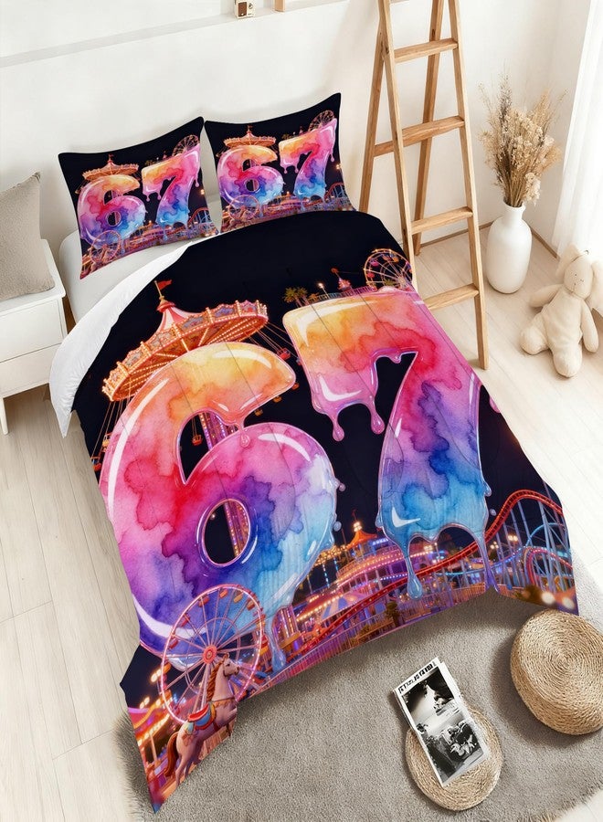 VTKON 67 Number Print Comforter Set Twin Size for Kids Funny Trendy Print Theme Bedding Set Watercolor Six Seven Bed Set Soft Amusement Park Black Quilt Set with 1 Comforter + 1 Pillow Case - Image 5