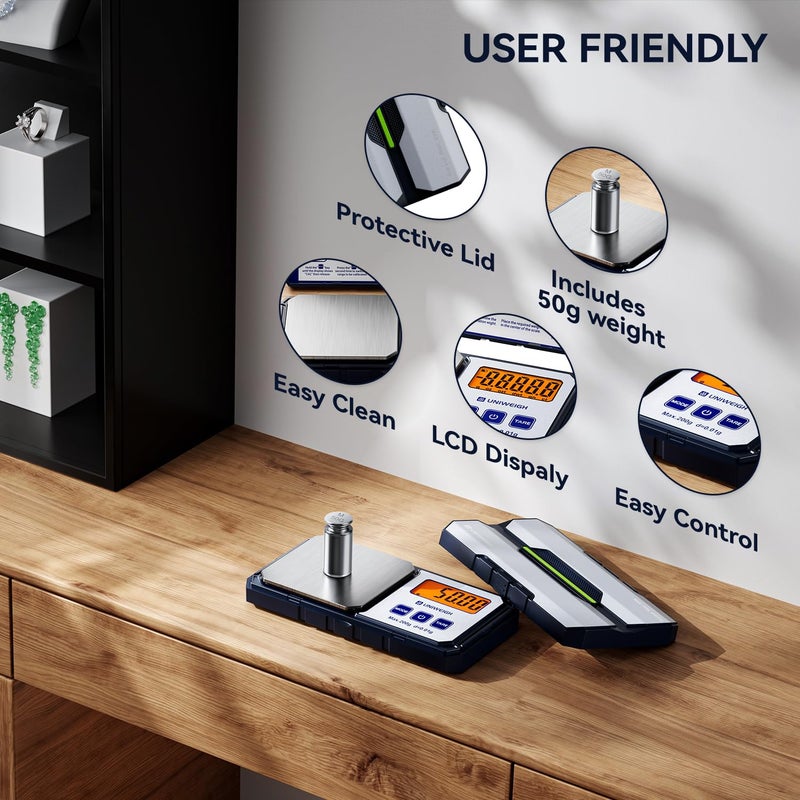 UNIWEIGH Digital Pocket Gram Scale 200g/0.01g Accuracy, Small Scales Grams Ounces with 6 Units,Jewelry Scale,Coin Scale with 50g Weights for Food/Coins/Gold/Powder,LCD Display,Tare Function - Image 3