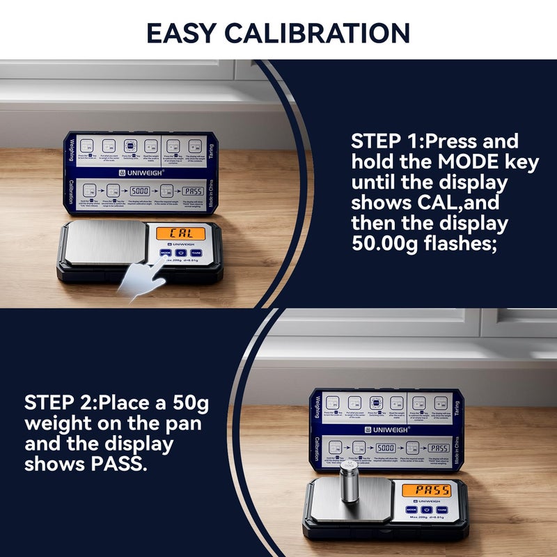 UNIWEIGH Digital Pocket Gram Scale 200g/0.01g Accuracy, Small Scales Grams Ounces with 6 Units,Jewelry Scale,Coin Scale with 50g Weights for Food/Coins/Gold/Powder,LCD Display,Tare Function - Image 4