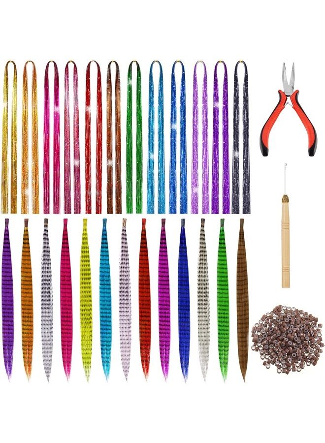 Juinte طقم خيوط شعر لامعة 1440 مع أدوات إكسسوار شعر لامع 26 قطعة 13 لون إكسسوارات شعر ريش مقاومة للحرارة شعر صناعي مع 200 حلقة ميكرو - Image 1