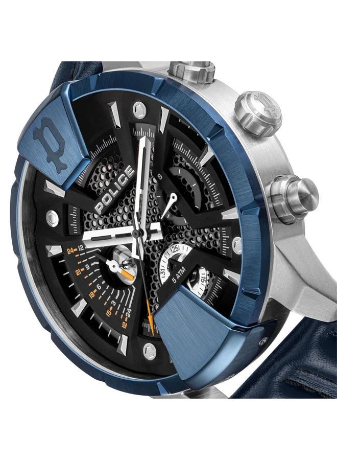 POLICE Huntley Men's 48mm Multifunction Watch with Black Dial & Blue Leather Strap