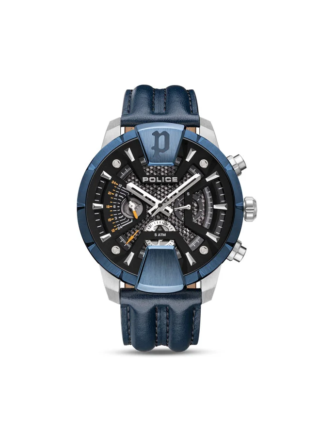 بوليس Huntley Men's 48mm Multifunction Watch with Black Dial & Blue Leather Strap