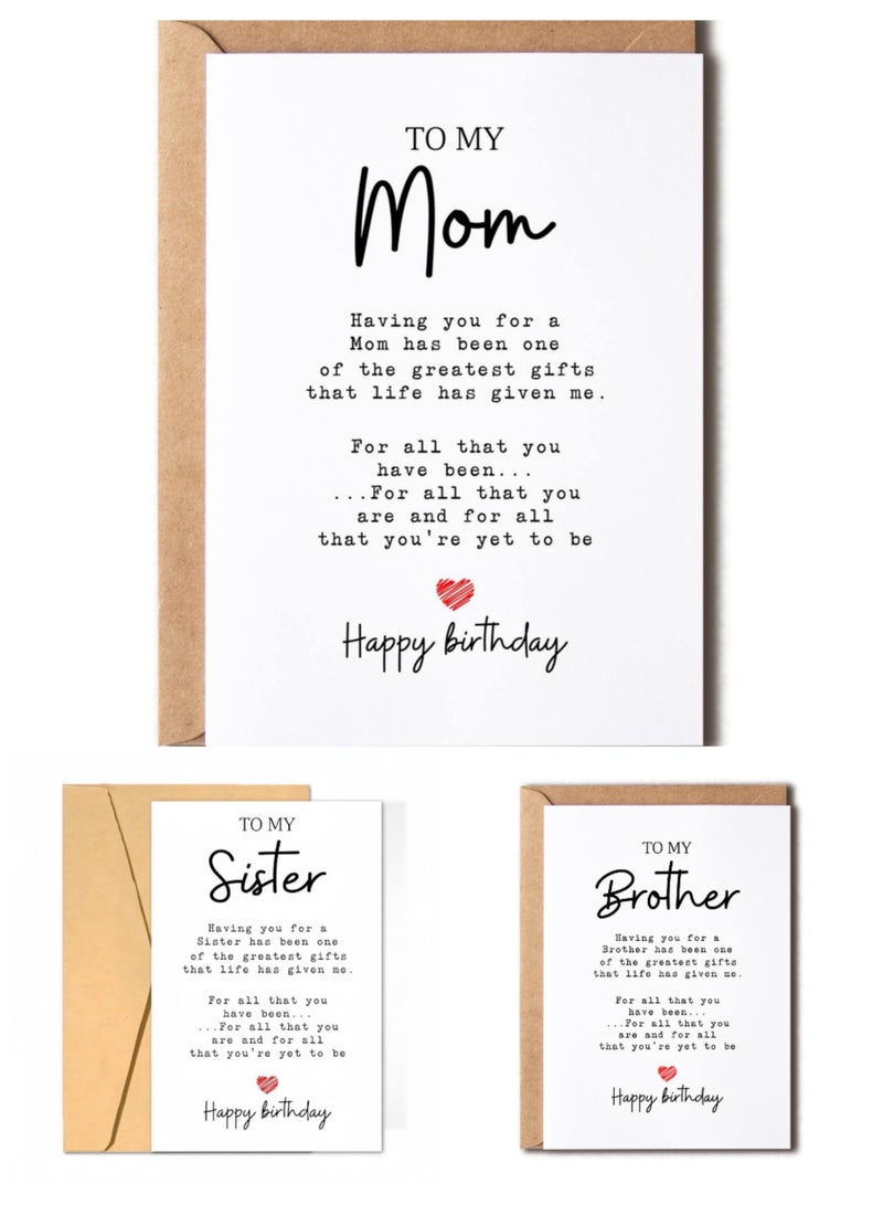Generic Birthday Greeting Cards for Family Members – Pack of 3 with Envelopes | Heartfelt Messages for Mom, Brother & Sister – Elegant & Thoughtful Designs 