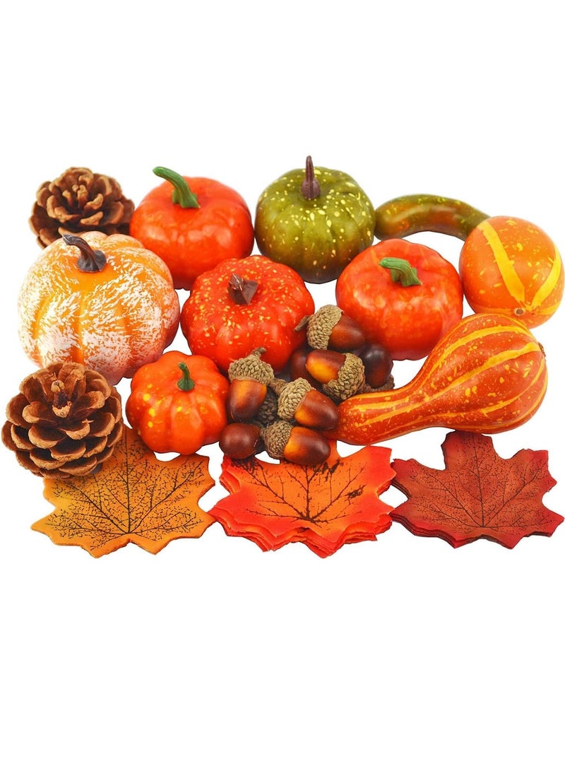 VUCATIN Artificial Pumpkins Home Decoration Set Mixture of 50 Artificial Harvest Decoration 30 Fake Maple Leaves 10 Fake Acorns 2 Fake Pinecones 8 Fake Pumpkins Halloween (50PCS) - Image 1