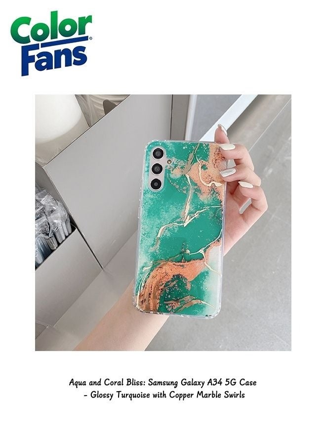 كولور فانس أكوا وكورال بليس: غطاء سامسونج جالاكسي A34 5G - فيروزي لامع مع دوامات من الرخام النحاسي