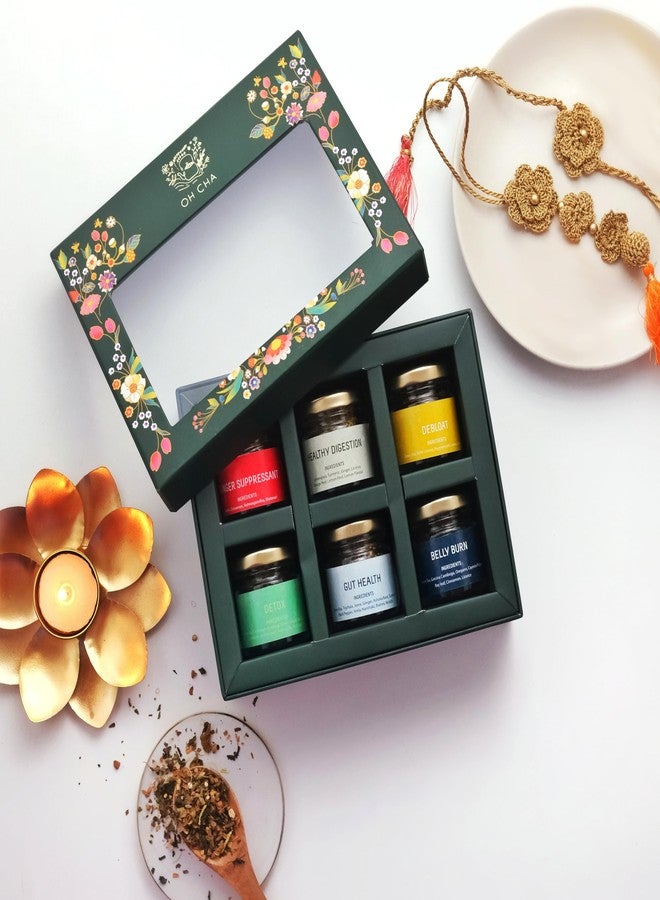 OH CHA - Rakhi Gift for Brother/Sister | Tea Gift Box with 6 Teas, Rakhi, Moli, Chawal, Personalized Note | Rakhi Gift Hamper for Bhabhi, Brother, Sister | Premium Rakshabandhan Gift | 6 Health Teas - Image 1