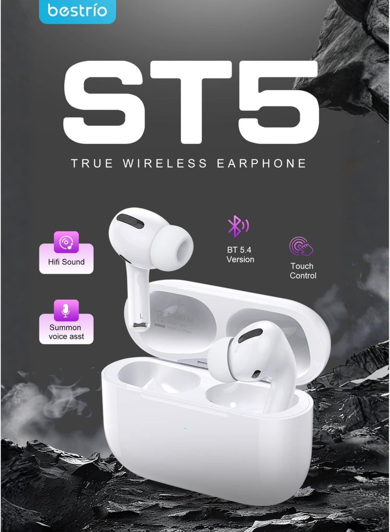 BESTRIO سماعات أذن لاسلكية حقيقية Bestrio ST5 بتقنية بلوتوث 5.4، سماعات أذن داخلية TWS، اقتران تلقائي، تحكم باللمس، صوت جهير عميق عالي الدقة، ميكروفون مكالمات واضح، مساعد صوتي، سماعات رياضية موسيقية مع حافظة سيليكون مجانية - Image 2