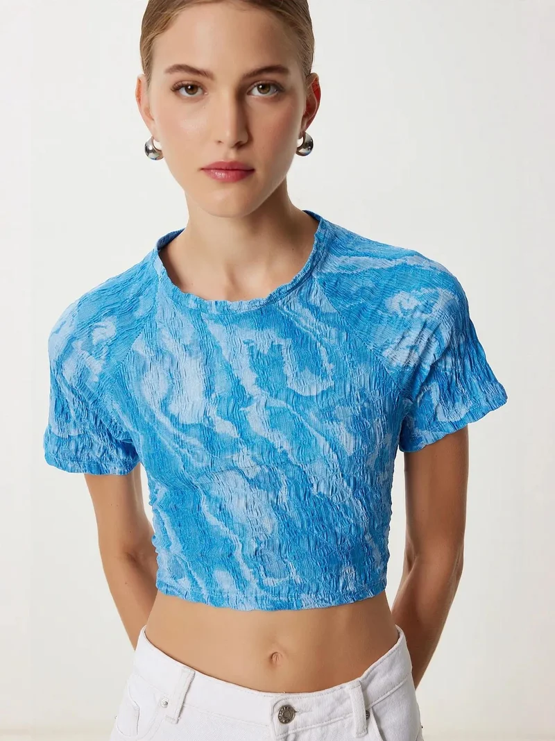 السعادة في إسطنبول ISTANBUL Abstract Print Short Sleeve Slim Fit Crop Blouse