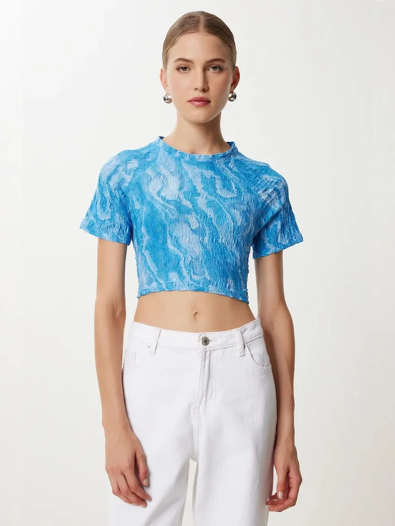 السعادة في إسطنبول ISTANBUL Abstract Print Short Sleeve Slim Fit Crop Blouse