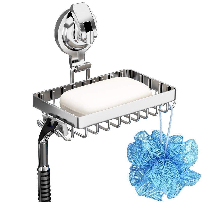 Soap Holder Shower Suction Cup Soap Dish for Shower with 4 Hooks 304 Stainless Steel Silver