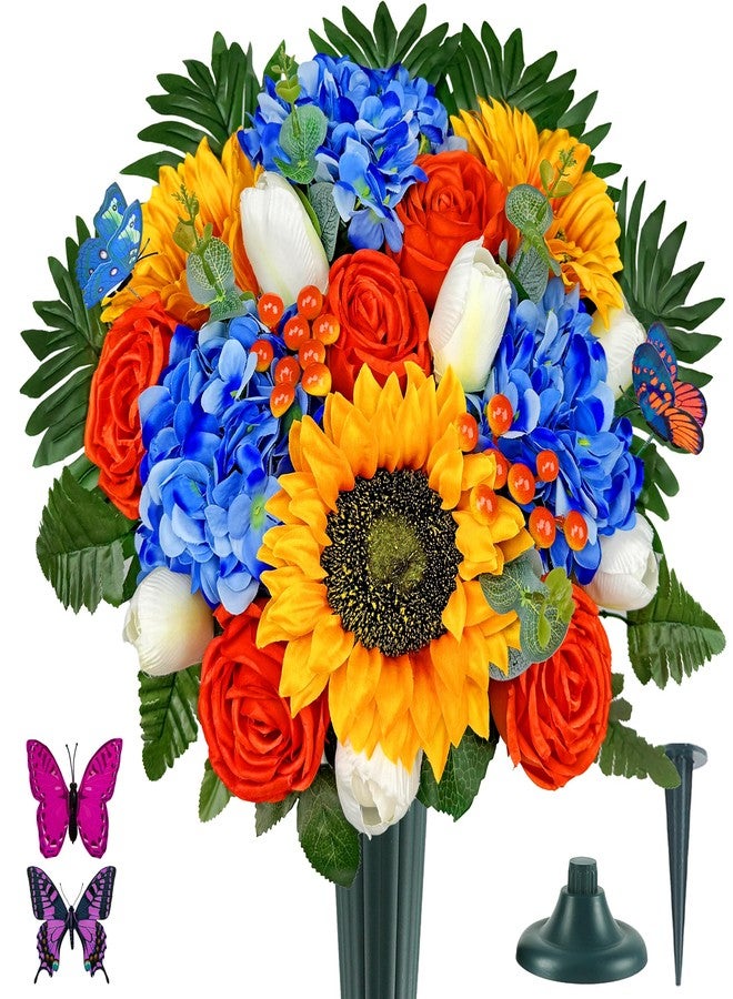 HENOMO Artificial Cemetery Flowers for Grave Vase, Headstone Silk Flower Arrangement, Graveside Decoration - Vibrant Orange Sunflower Tulip Rose Mix Bouquet, Tombstone Memorial Flowers - Image 1