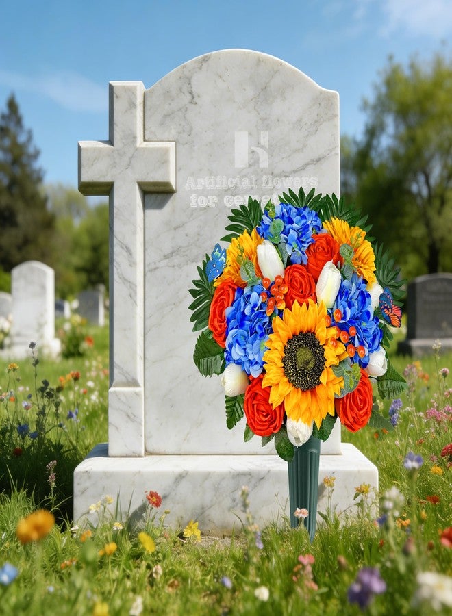 HENOMO Artificial Cemetery Flowers for Grave Vase, Headstone Silk Flower Arrangement, Graveside Decoration - Vibrant Orange Sunflower Tulip Rose Mix Bouquet, Tombstone Memorial Flowers - Image 2